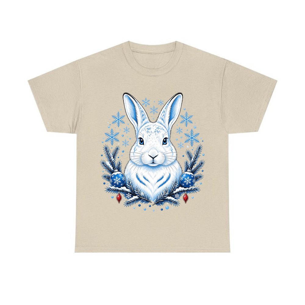Snow Hare With Baubles personalised Christmas T-shirt in sand