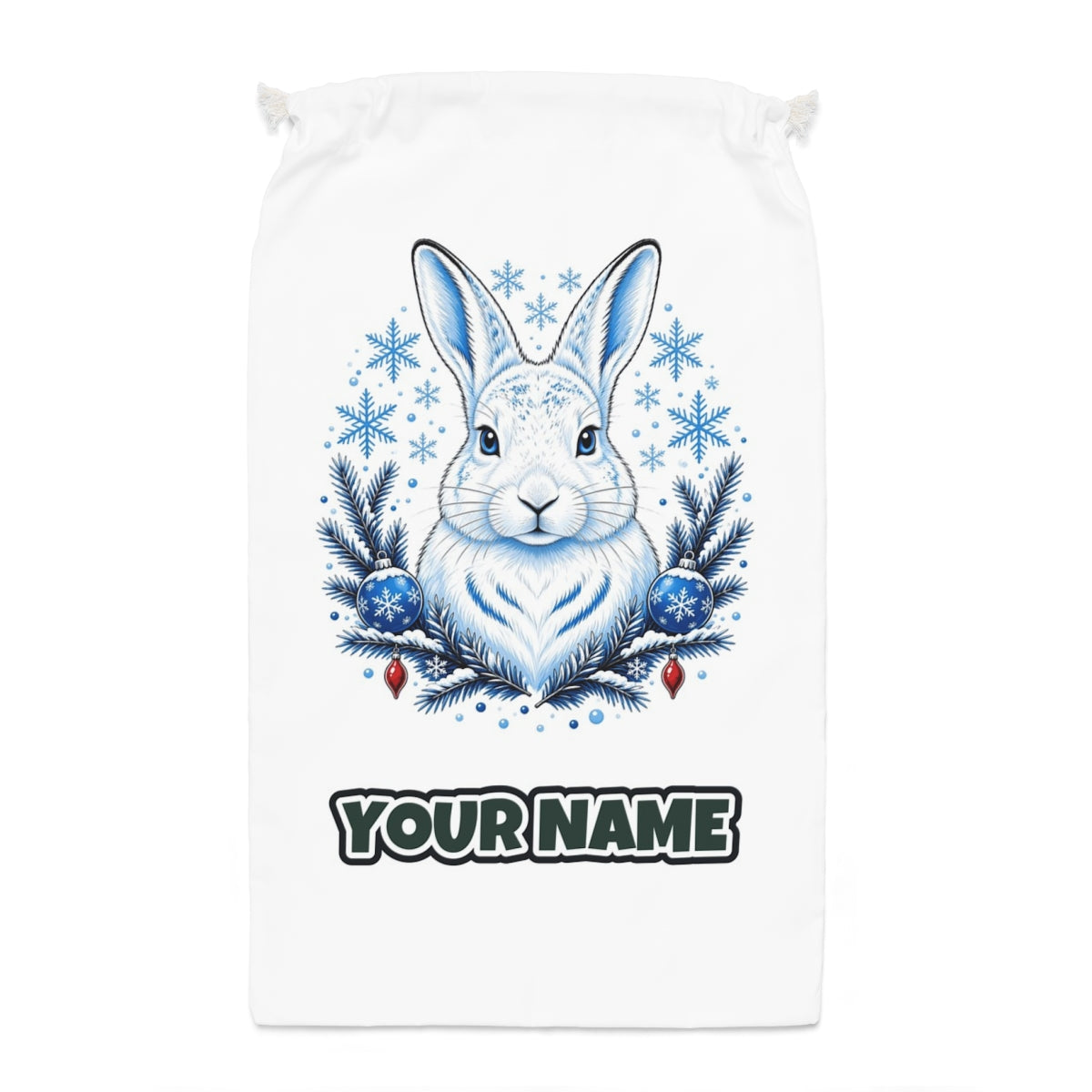 Snow Hare With Baubles Santa sack laid flat, showing the full print