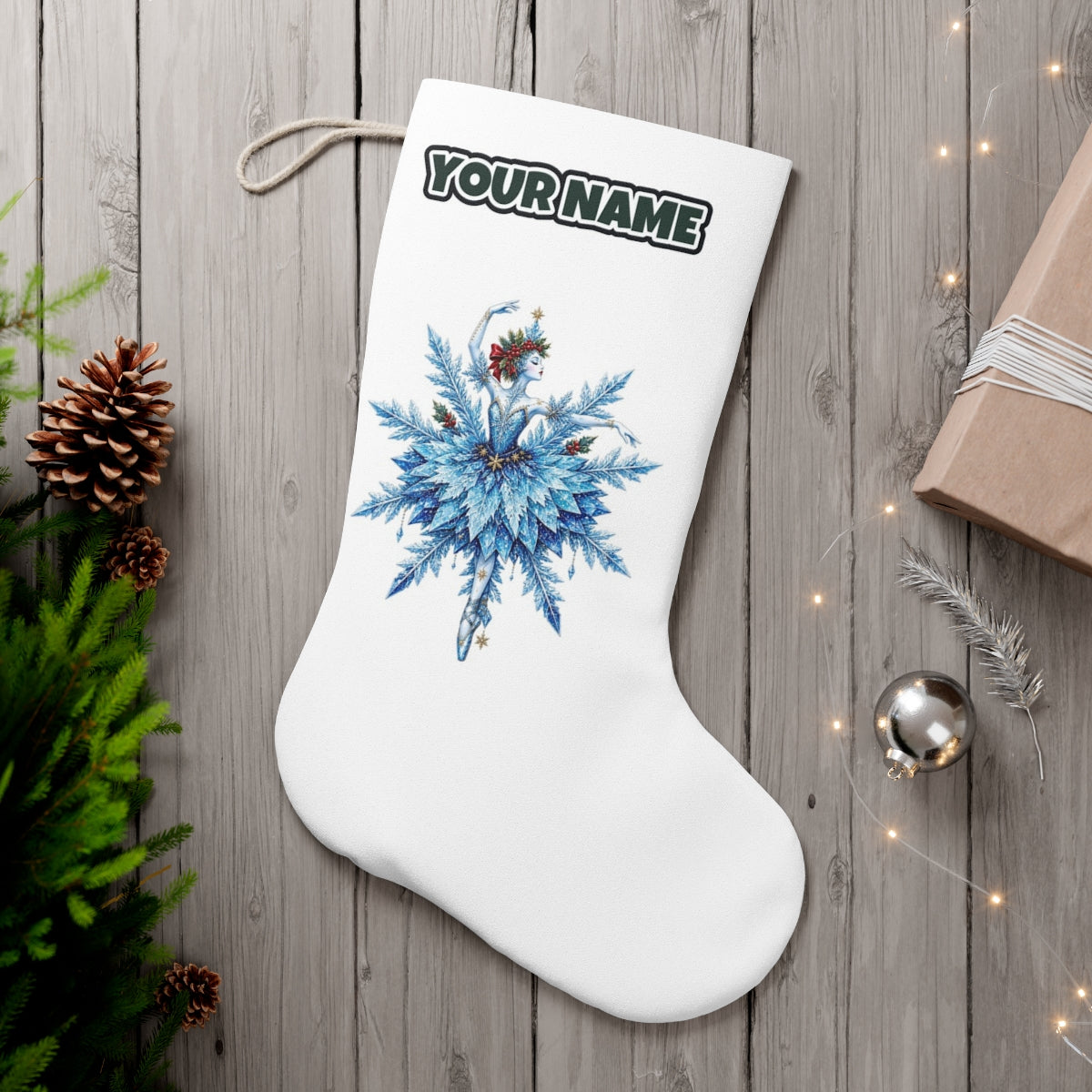 Snowflake Ballerina personalised Christmas stocking, white, with the name across the top