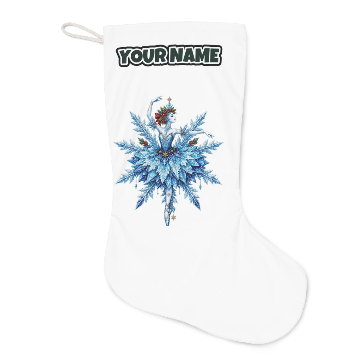 Snowflake Ballerina Christmas stocking laid flat, showing the full print