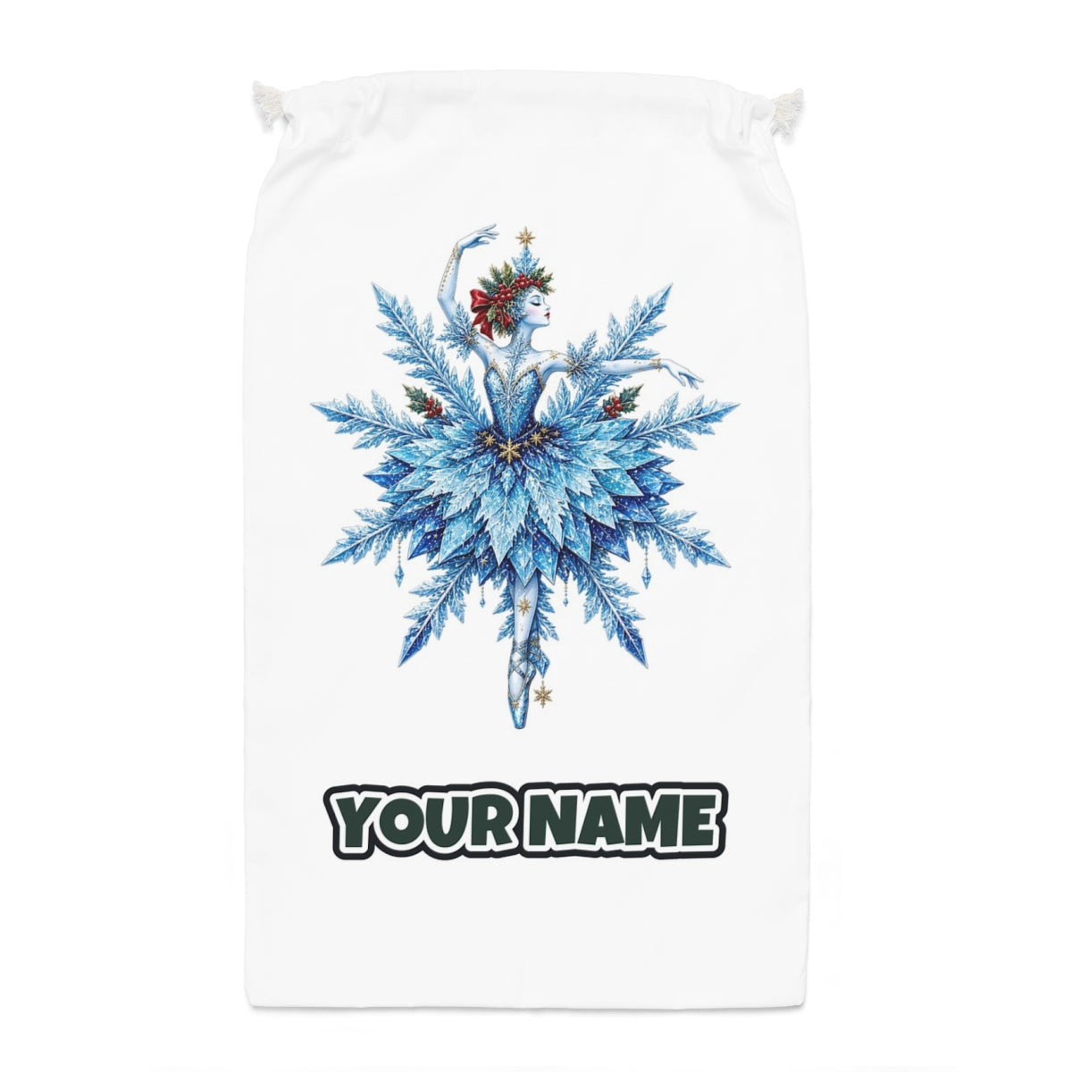 Snowflake Ballerina Santa sack laid flat, showing the full print
