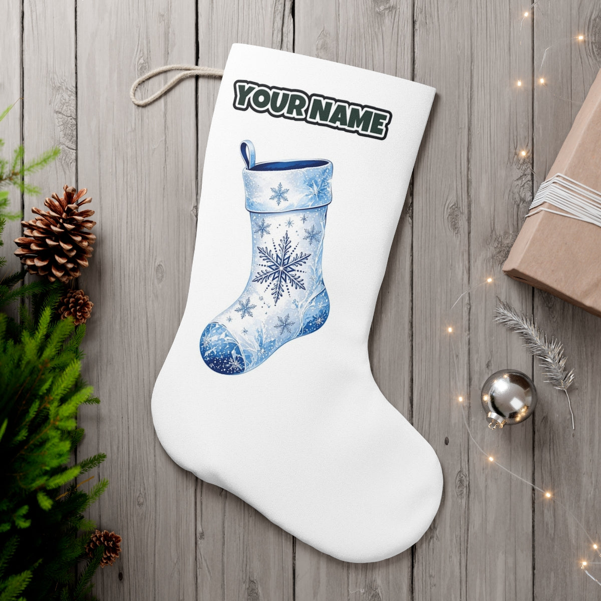 Snowflake Stocking personalised Christmas stocking, white, with the name across the top