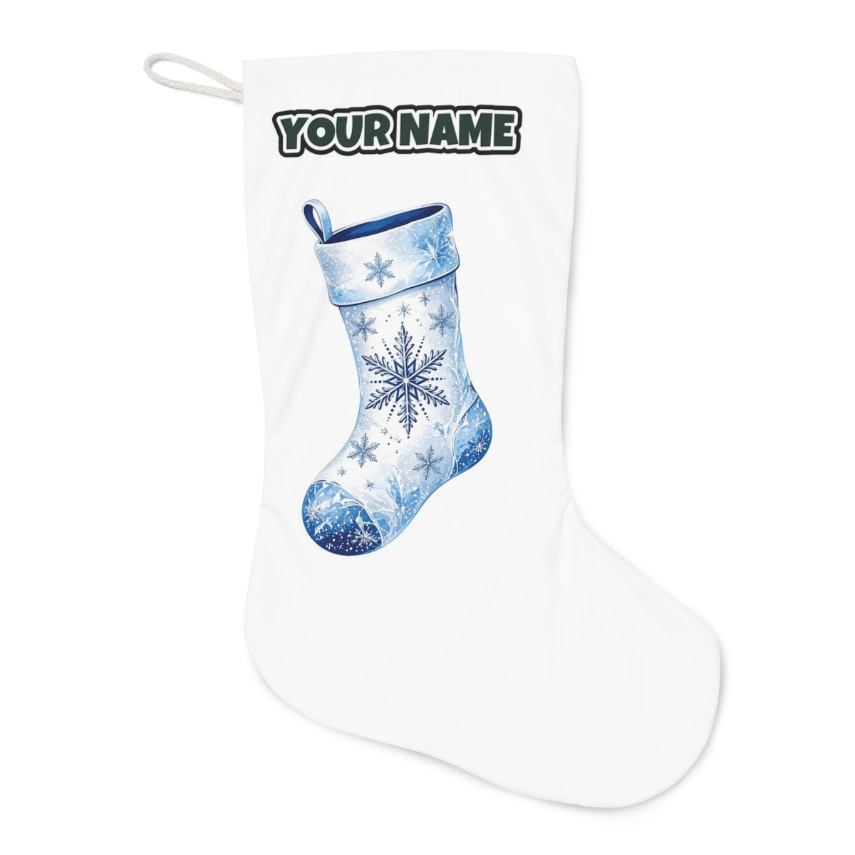 Snowflake Stocking Christmas stocking laid flat, showing the full print