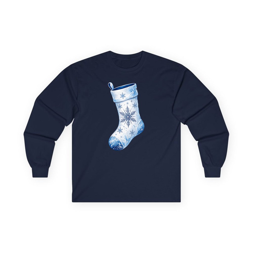 Snowflake Stocking personalised long sleeve Christmas T-shirt in navy