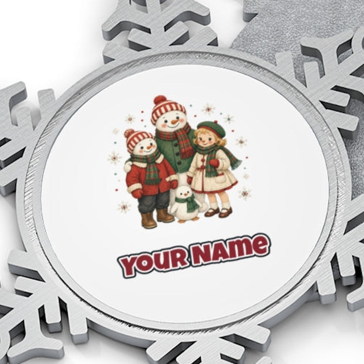 Snowman And Friends Portrait Personalised Pewter Christmas Ornament