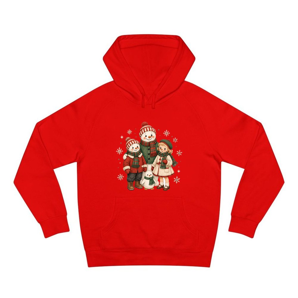 Snowman And Friends Portrait personalised Christmas hoodie in red