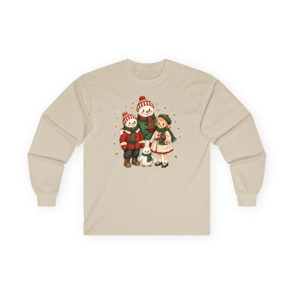 Snowman And Friends Portrait personalised long sleeve Christmas T-shirt in sand