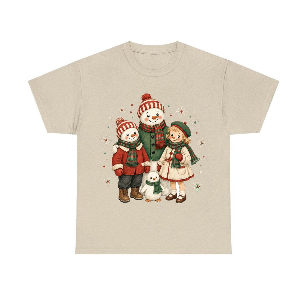 Snowman And Friends Portrait personalised Christmas T-shirt in sand