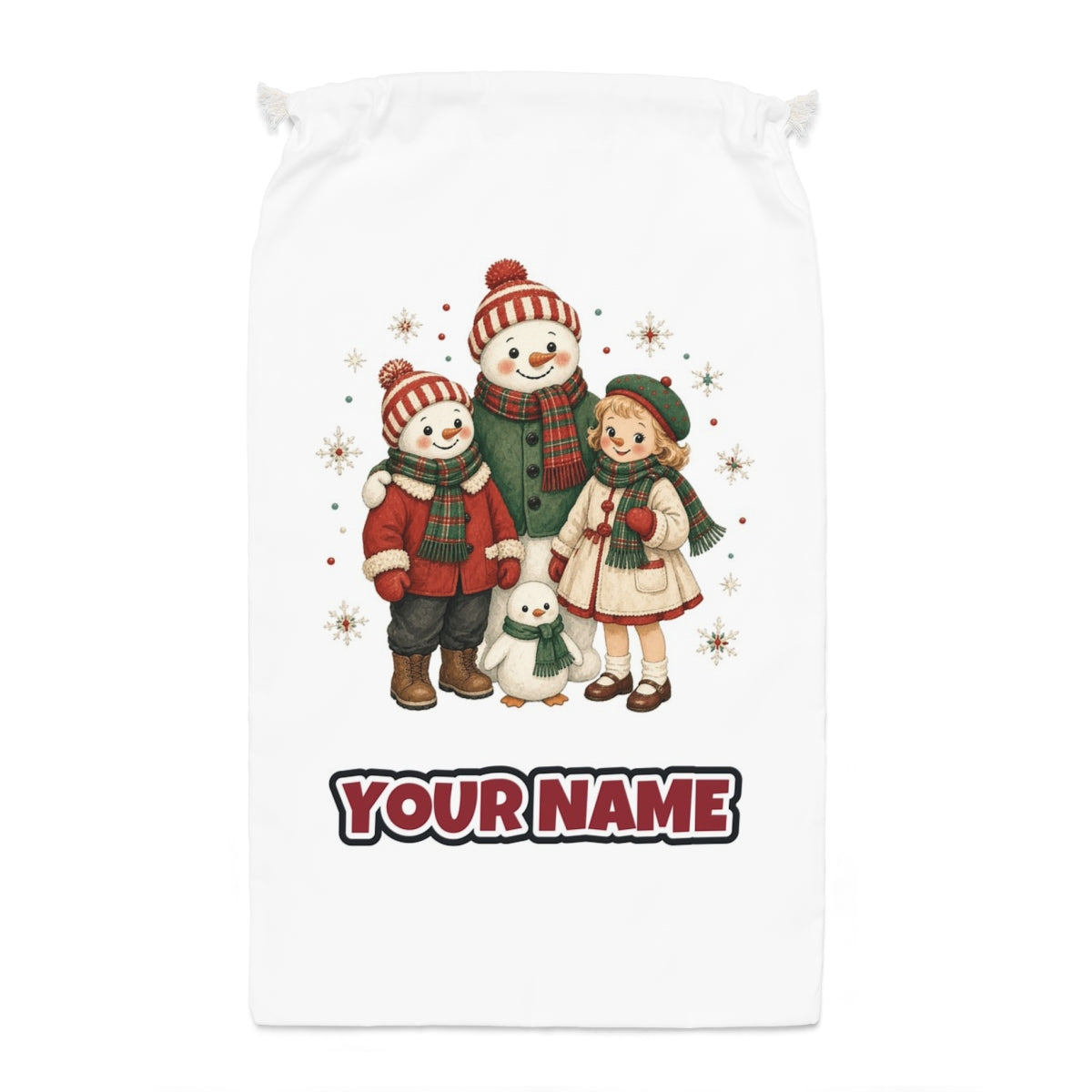 Snowman And Friends Portrait Santa sack laid flat, showing the full print