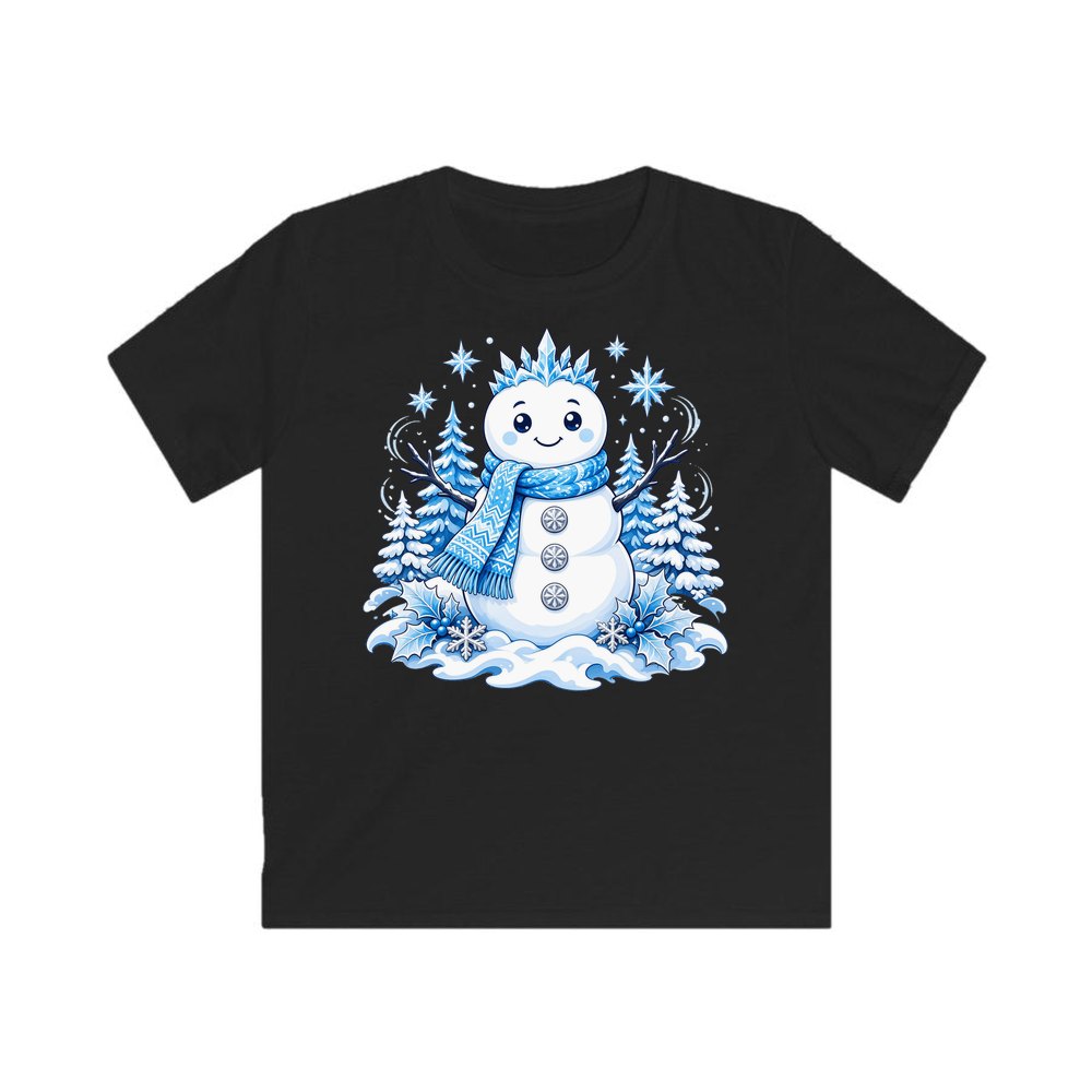 Snowman in Blue Scarf personalised kids Christmas tee in black