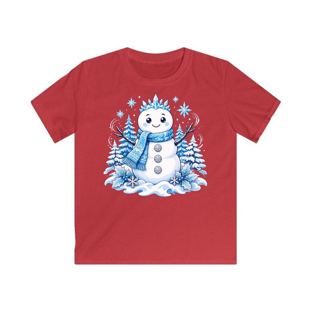 Snowman in Blue Scarf personalised kids Christmas tee in red