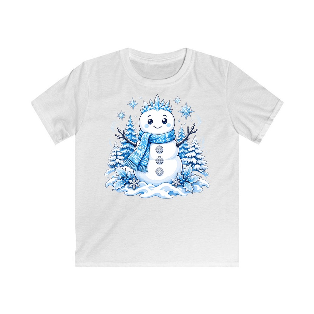 Snowman in Blue Scarf personalised kids Christmas tee in white