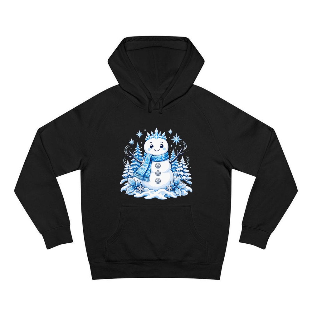 Snowman in Blue Scarf personalised Christmas hoodie in black