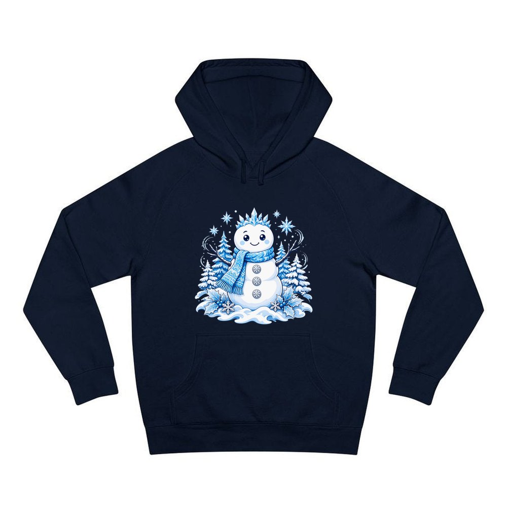 Snowman in Blue Scarf personalised Christmas hoodie in navy