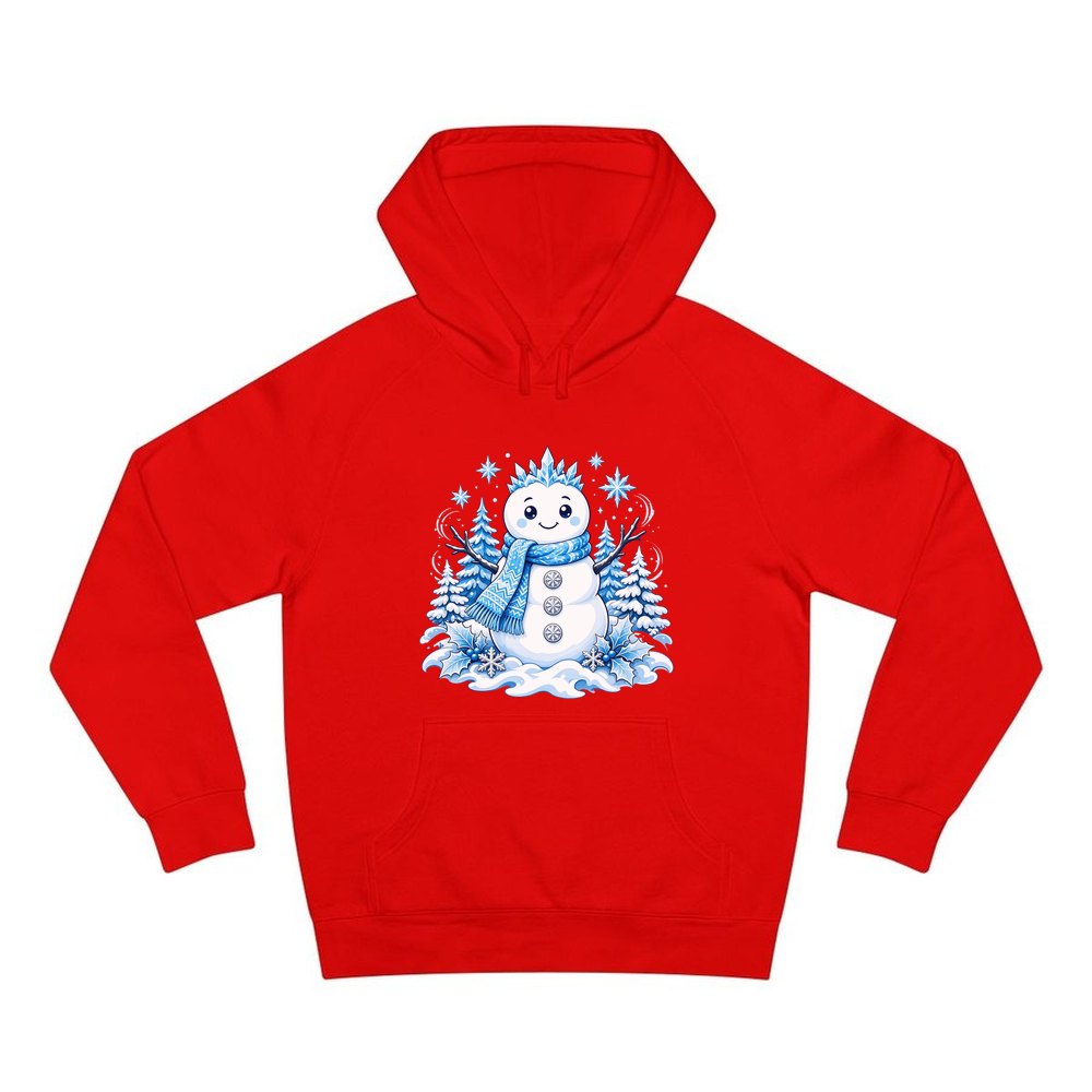 Snowman in Blue Scarf personalised Christmas hoodie in red