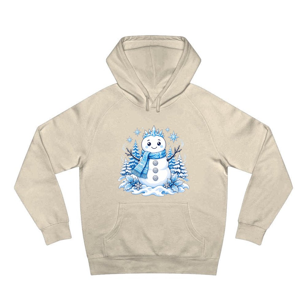Snowman in Blue Scarf personalised Christmas hoodie in sand
