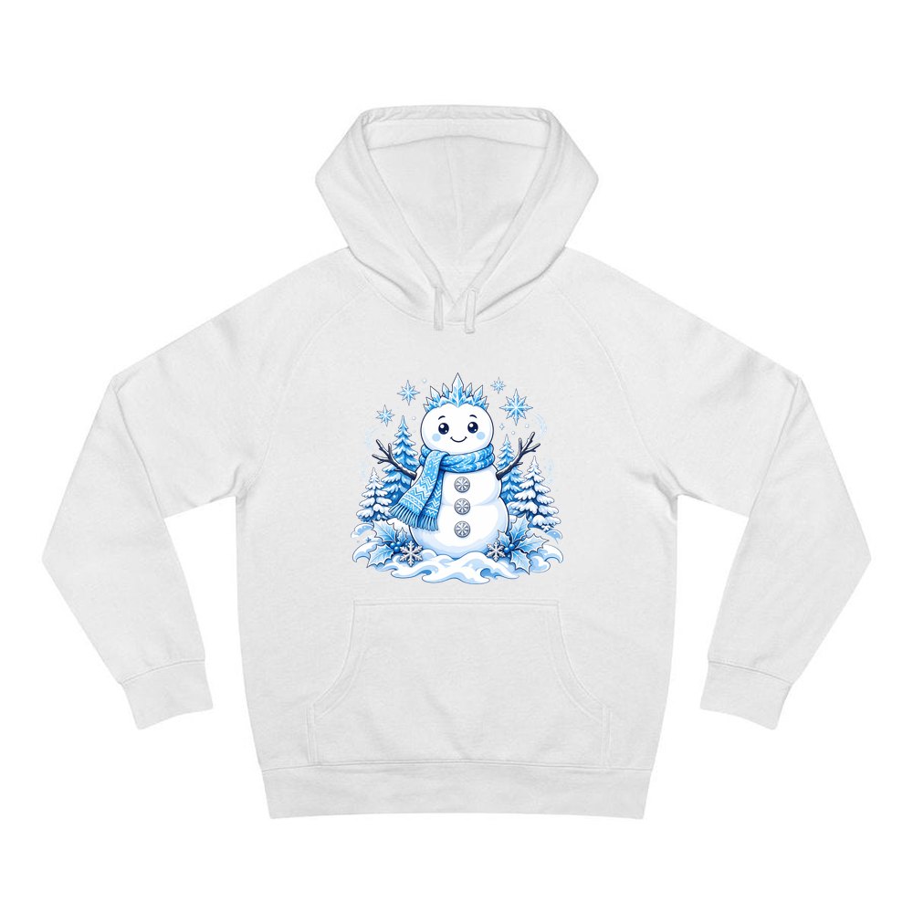 Snowman in Blue Scarf personalised Christmas hoodie in white