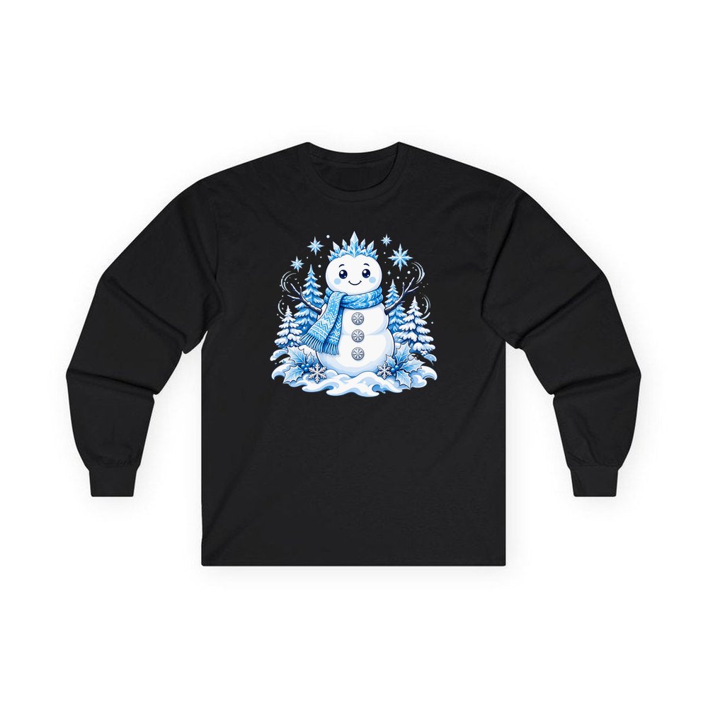 Snowman in Blue Scarf personalised long sleeve Christmas T-shirt in black