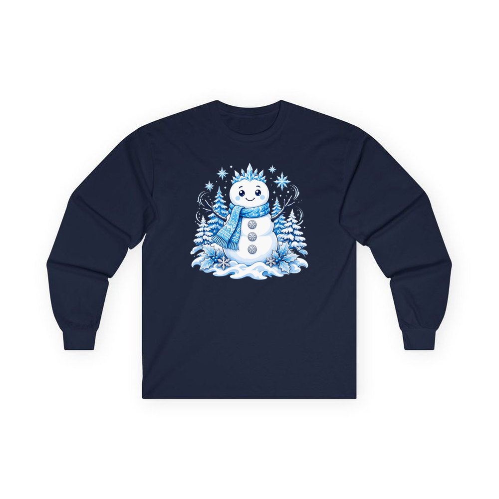 Snowman in Blue Scarf personalised long sleeve Christmas T-shirt in navy