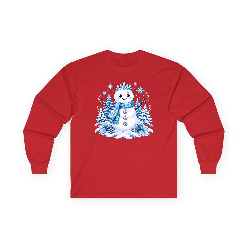 Snowman in Blue Scarf personalised long sleeve Christmas T-shirt in red