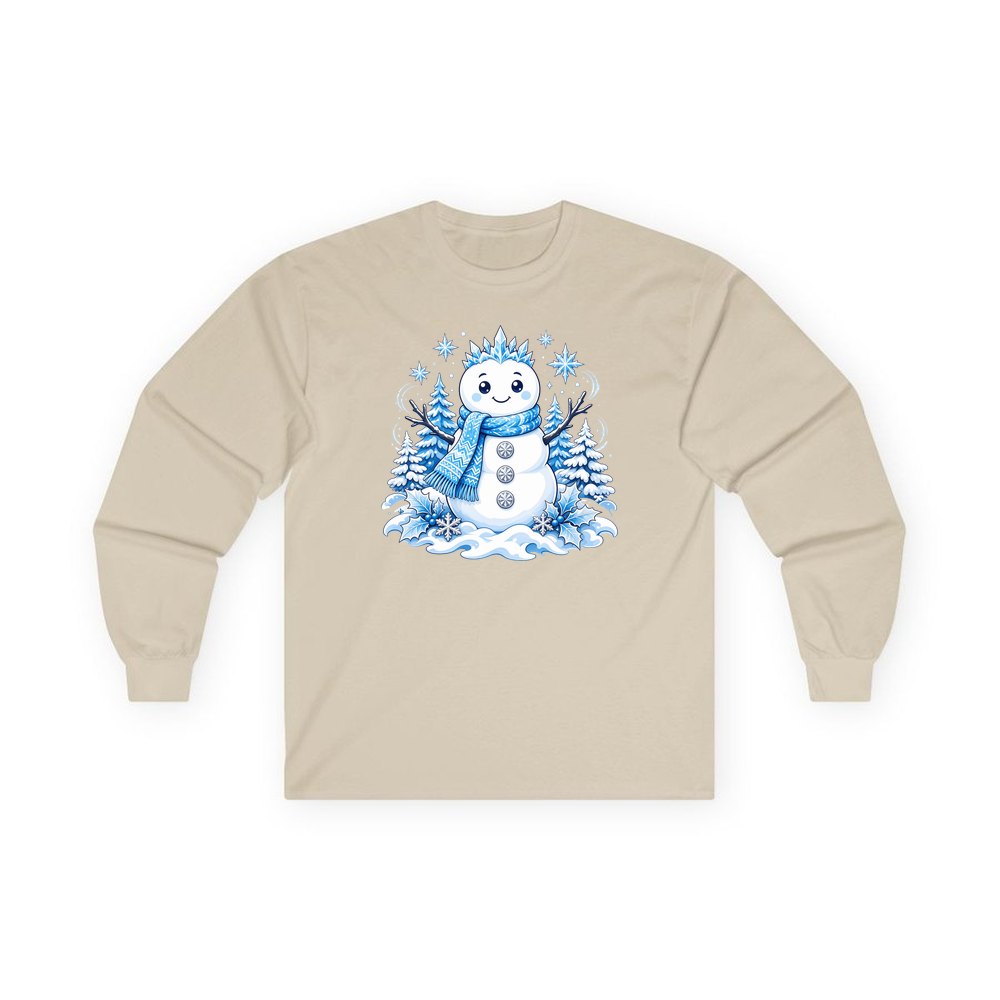 Snowman in Blue Scarf personalised long sleeve Christmas T-shirt in sand