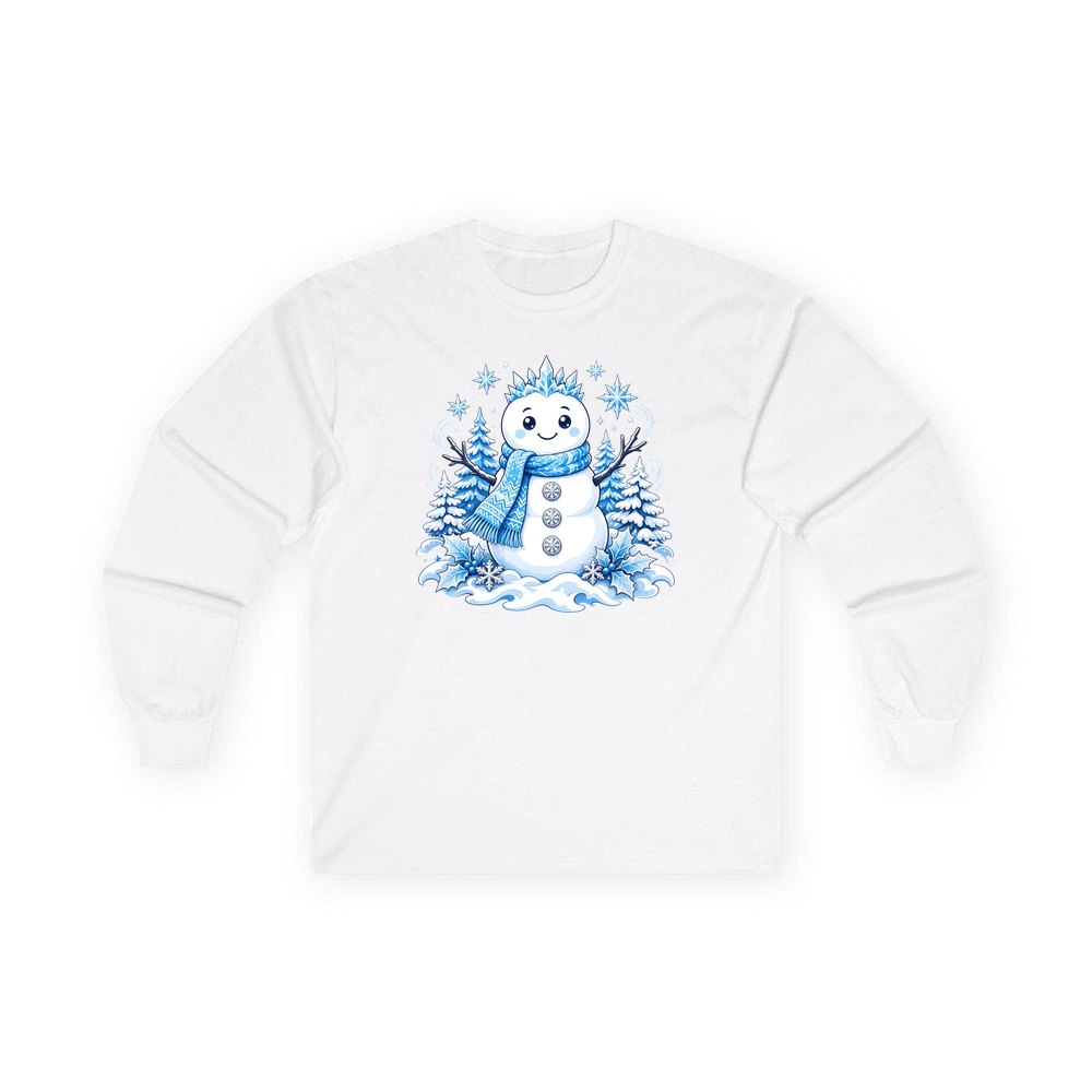 Snowman in Blue Scarf personalised long sleeve Christmas T-shirt in white