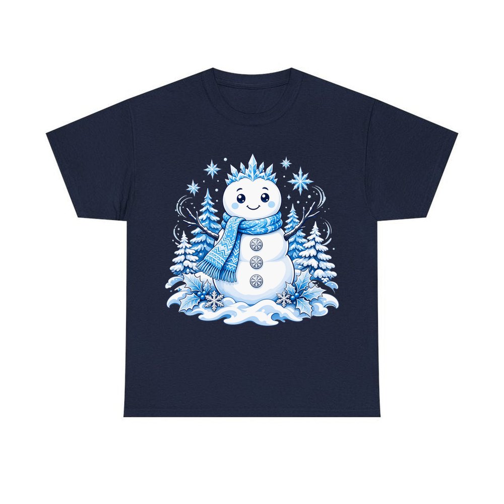 Snowman in Blue Scarf personalised Christmas T-shirt in navy