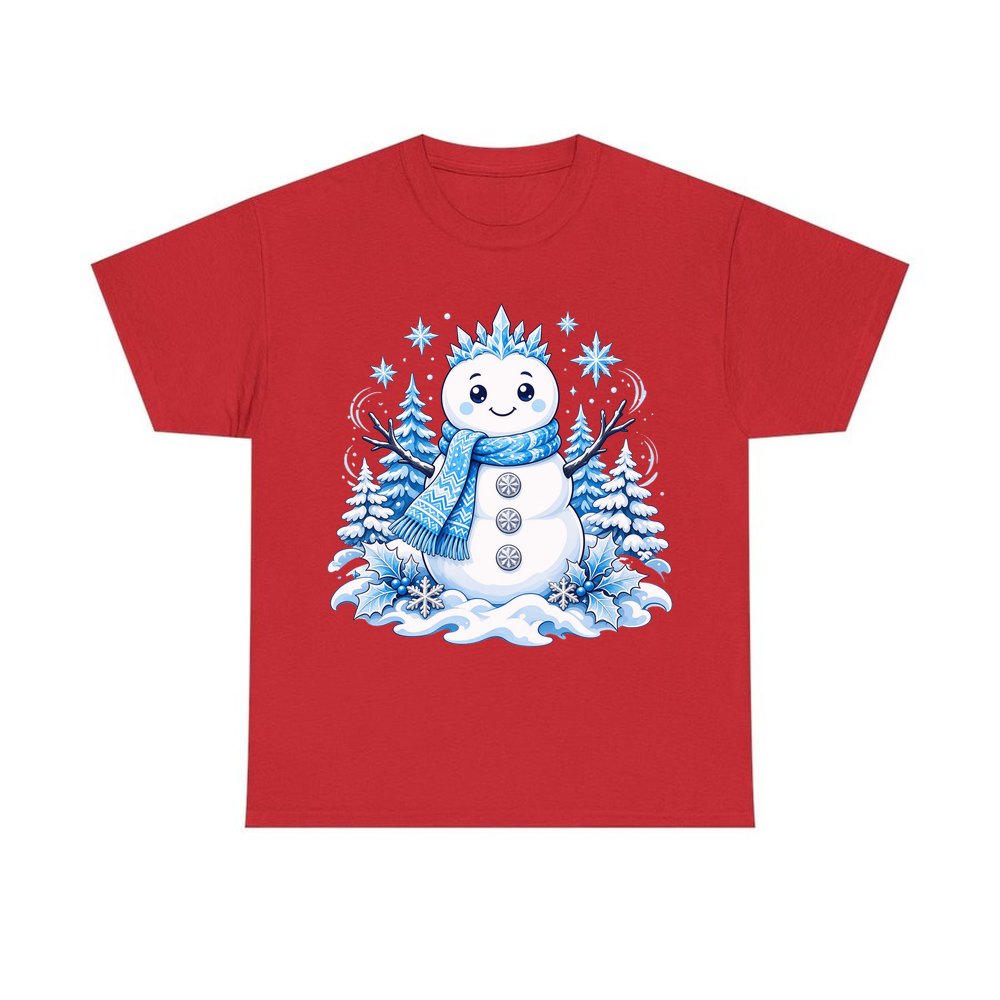 Snowman in Blue Scarf personalised Christmas T-shirt in red