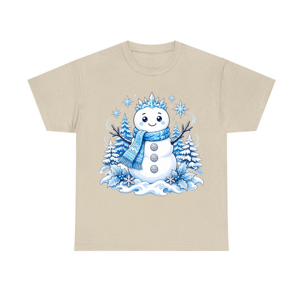 Snowman in Blue Scarf personalised Christmas T-shirt in sand