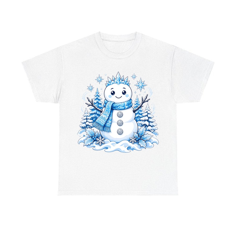 Snowman in Blue Scarf personalised Christmas T-shirt in white