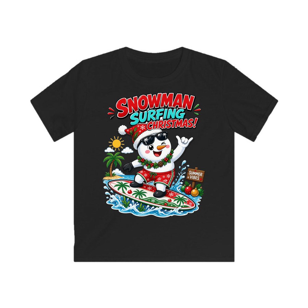 Snowman Surfing Christmas personalised kids Christmas tee in black