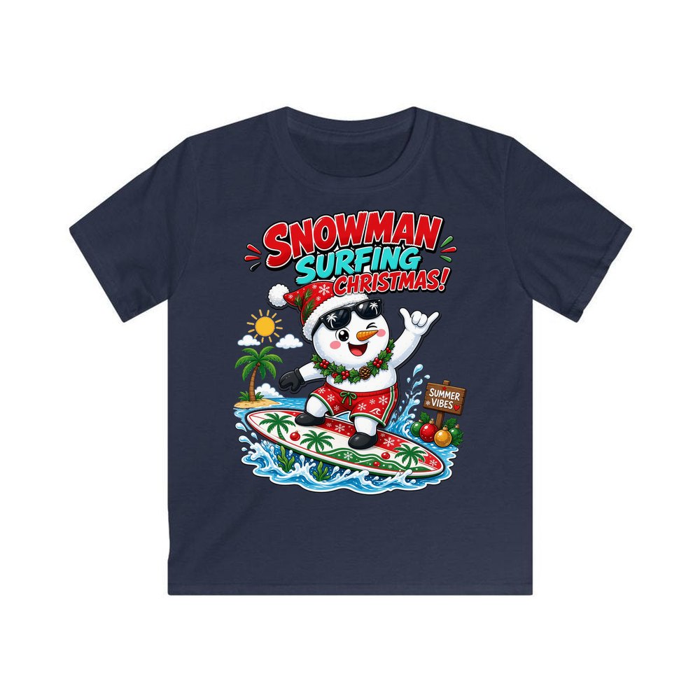 Snowman Surfing Christmas personalised kids Christmas tee in navy