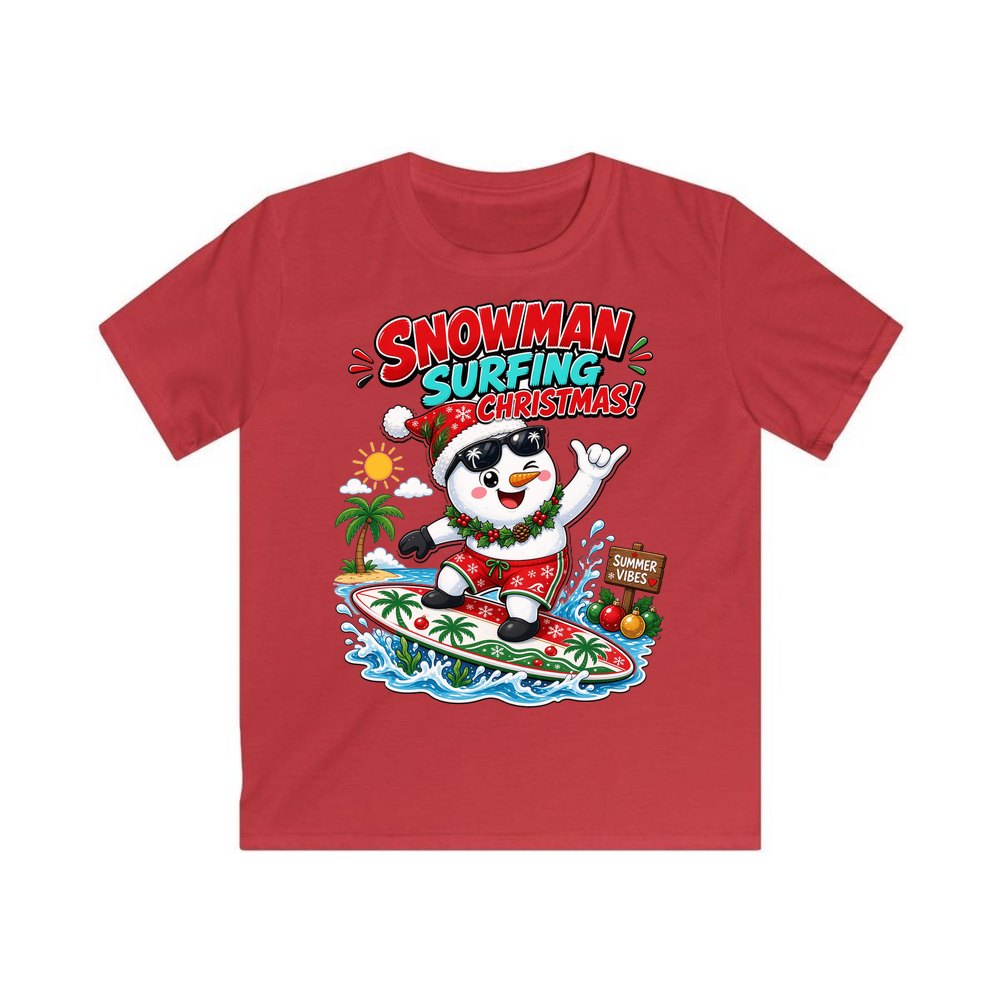 Snowman Surfing Christmas personalised kids Christmas tee in red