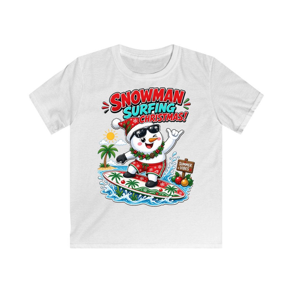 Snowman Surfing Christmas personalised kids Christmas tee in white