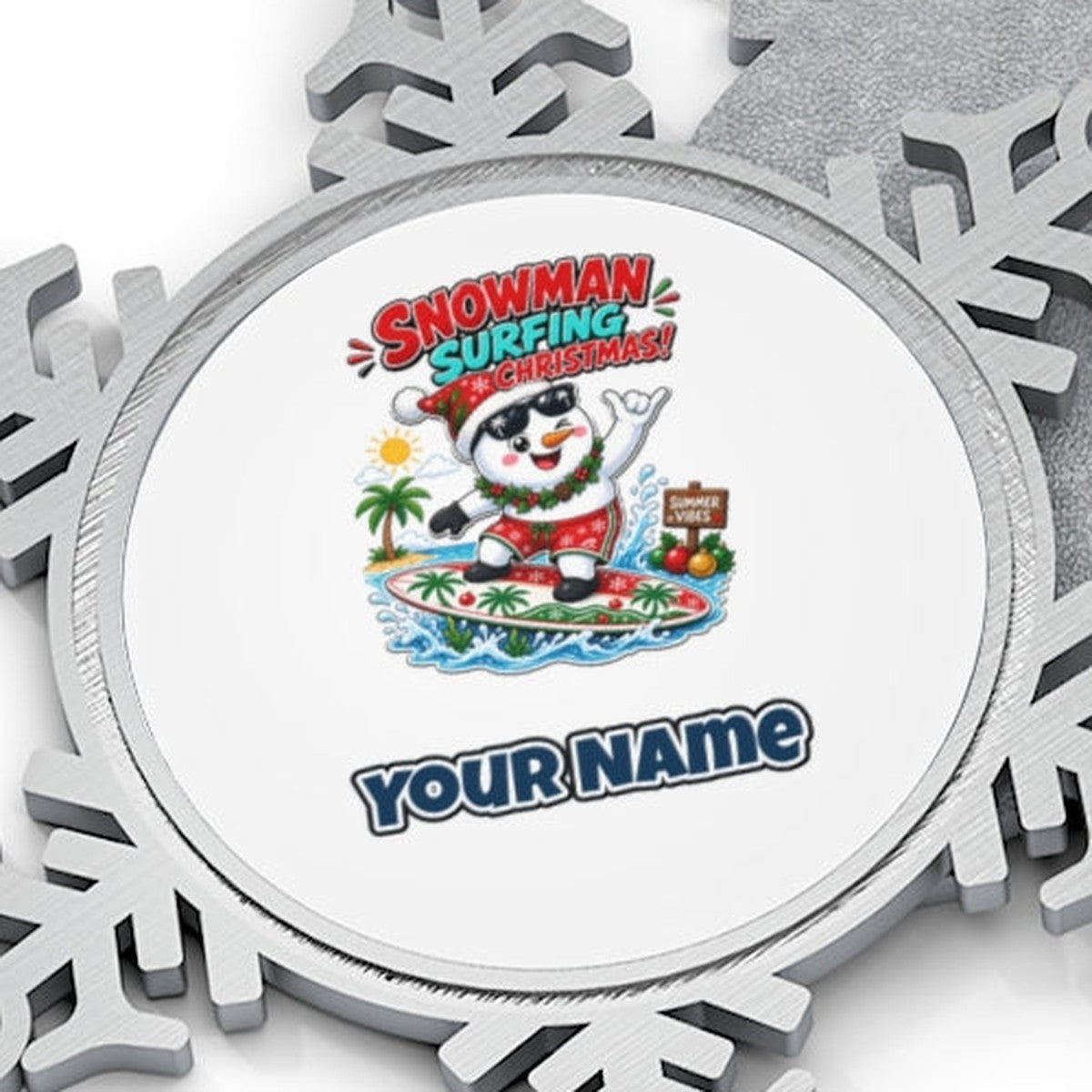 Snowman Surfing Christmas Personalised Pewter Christmas Ornament