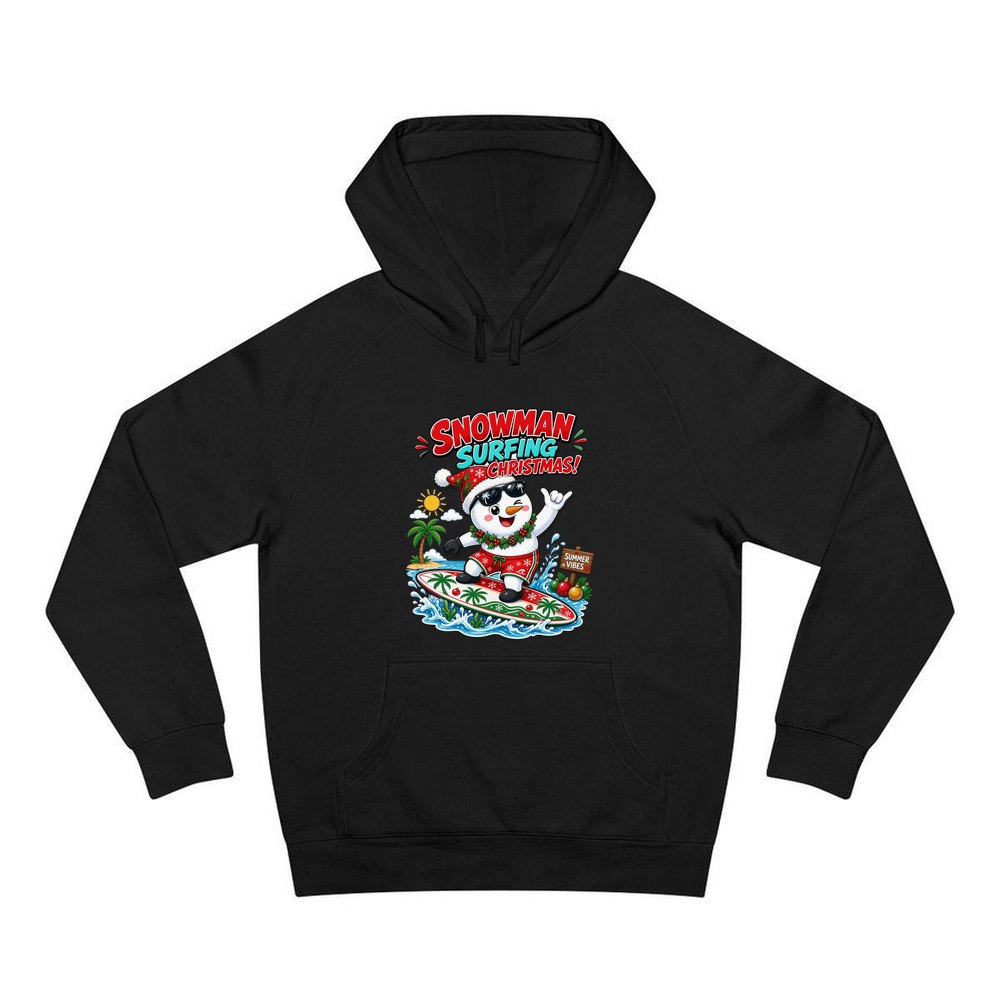 Snowman Surfing Christmas personalised Christmas hoodie in black