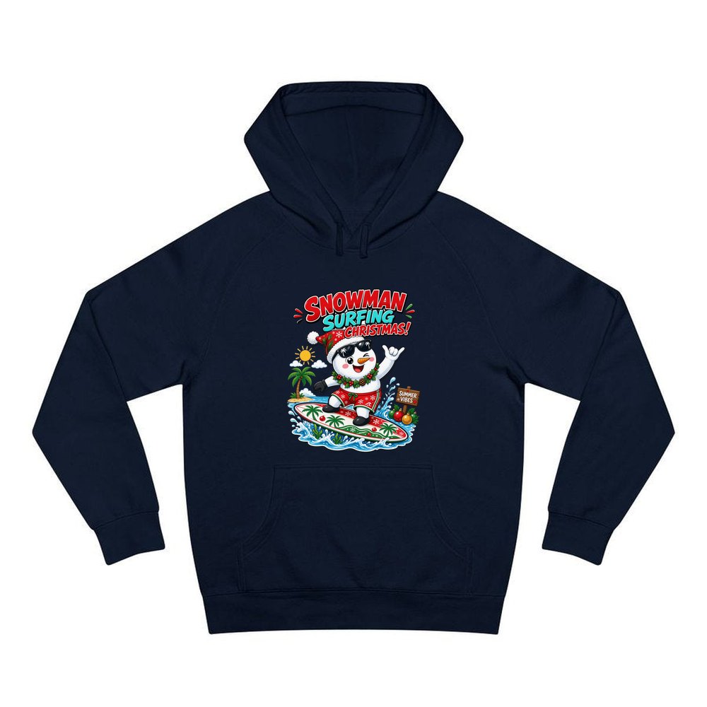 Snowman Surfing Christmas personalised Christmas hoodie in navy