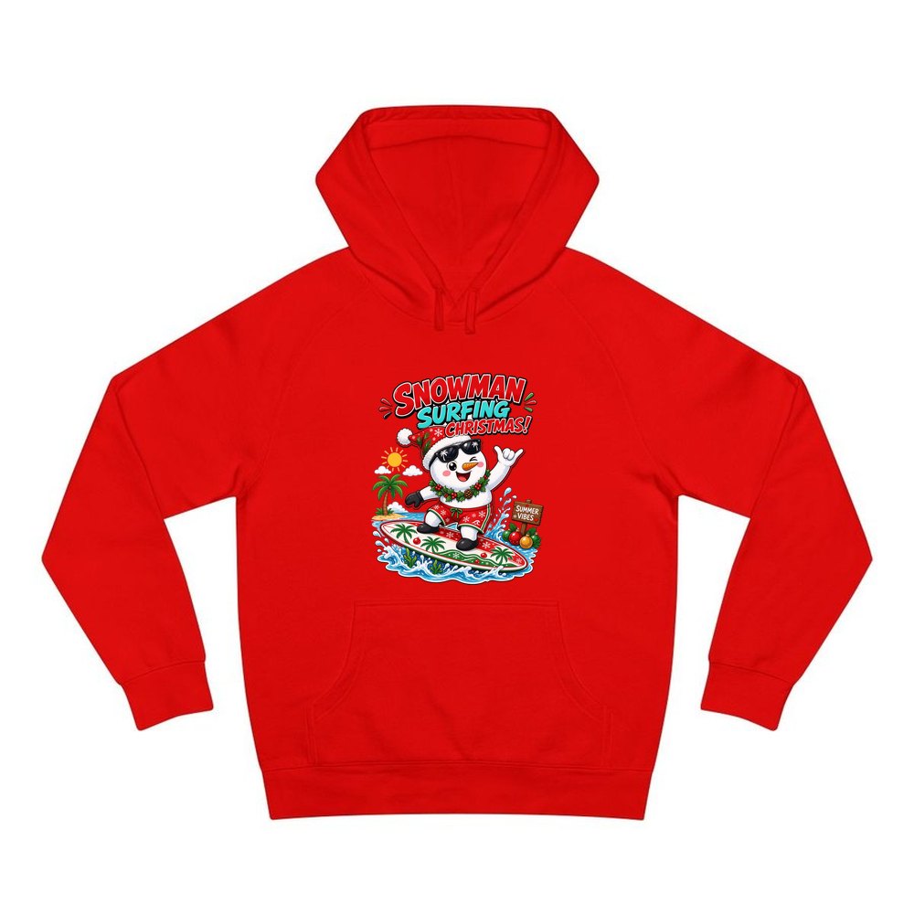 Snowman Surfing Christmas personalised Christmas hoodie in red