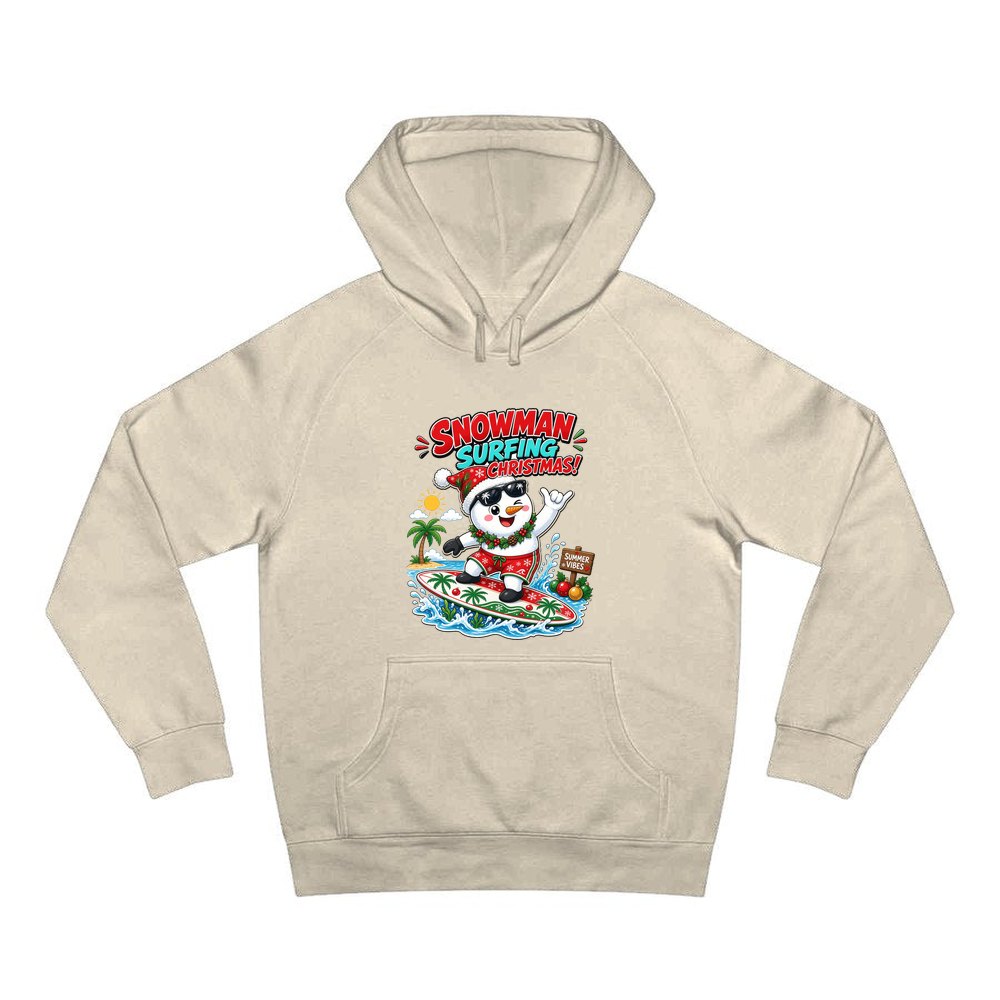 Snowman Surfing Christmas personalised Christmas hoodie in sand