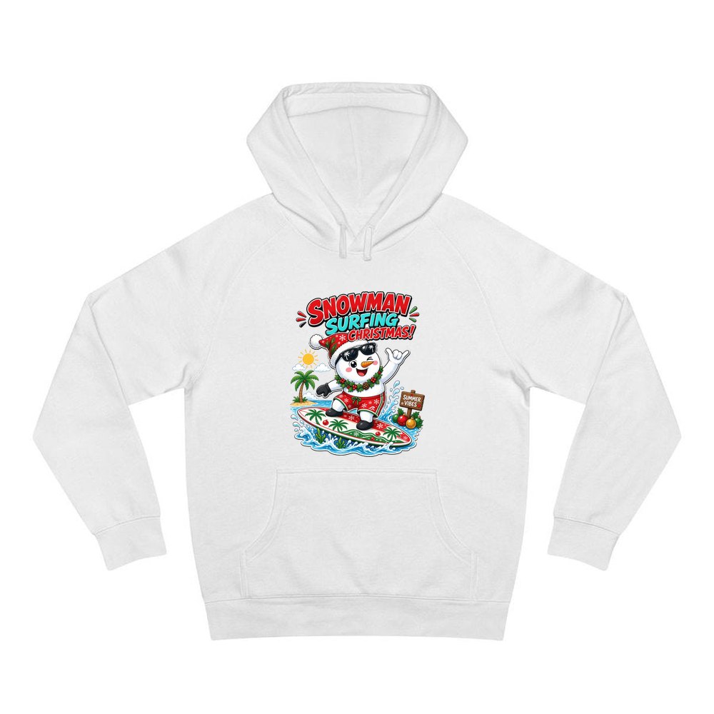 Snowman Surfing Christmas personalised Christmas hoodie in white