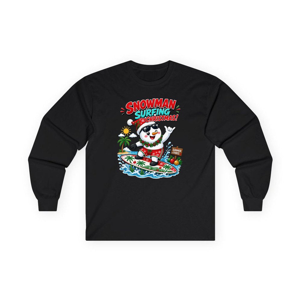 Snowman Surfing Christmas personalised long sleeve Christmas T-shirt in black