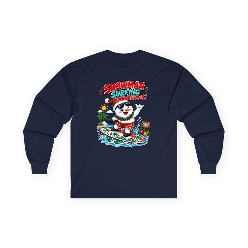 Snowman Surfing Christmas personalised long sleeve Christmas T-shirt in navy