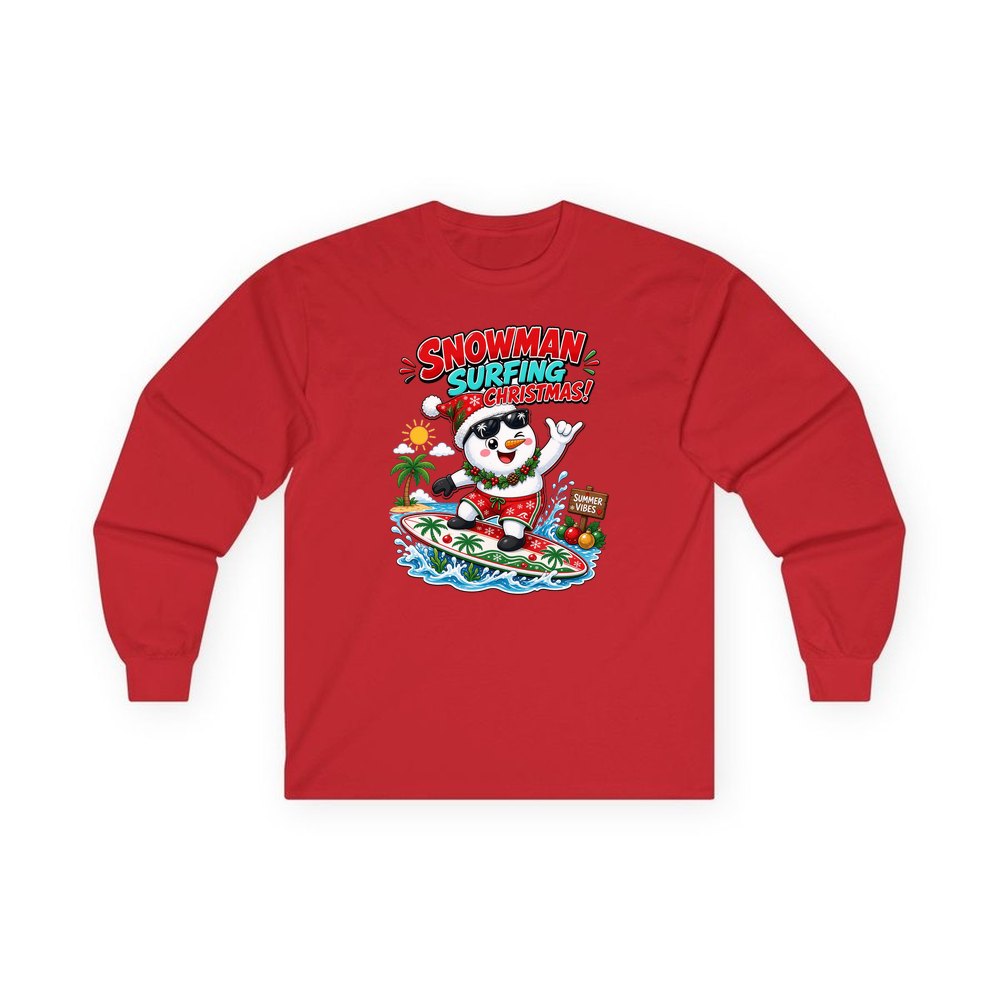 Snowman Surfing Christmas personalised long sleeve Christmas T-shirt in red
