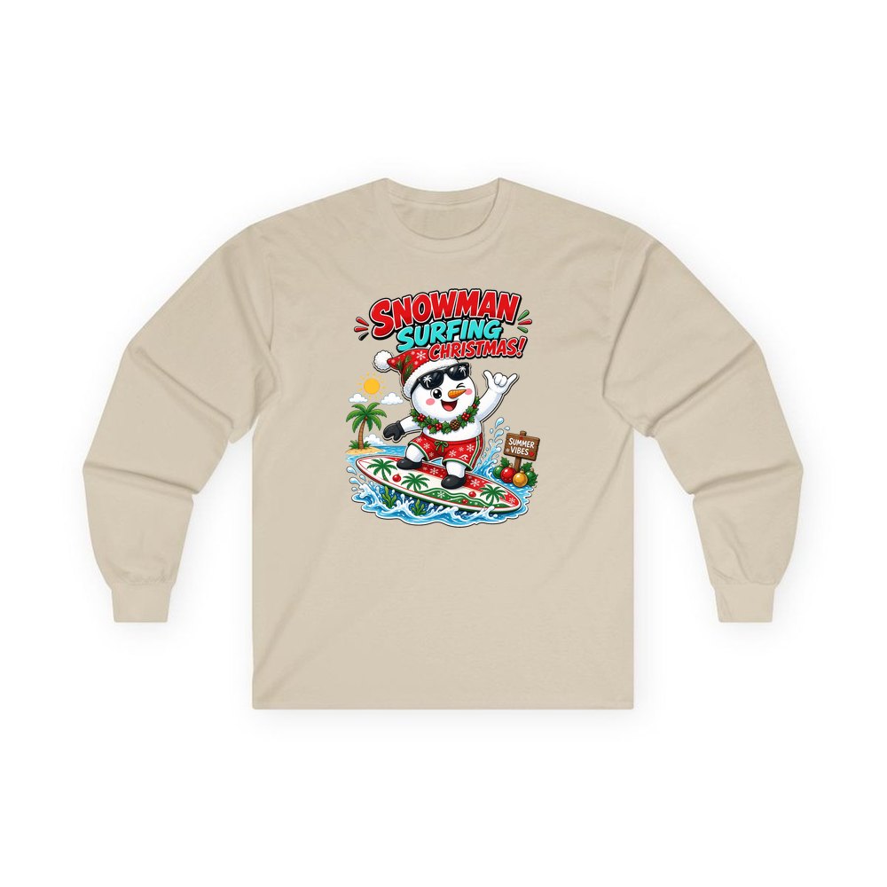 Snowman Surfing Christmas personalised long sleeve Christmas T-shirt in sand
