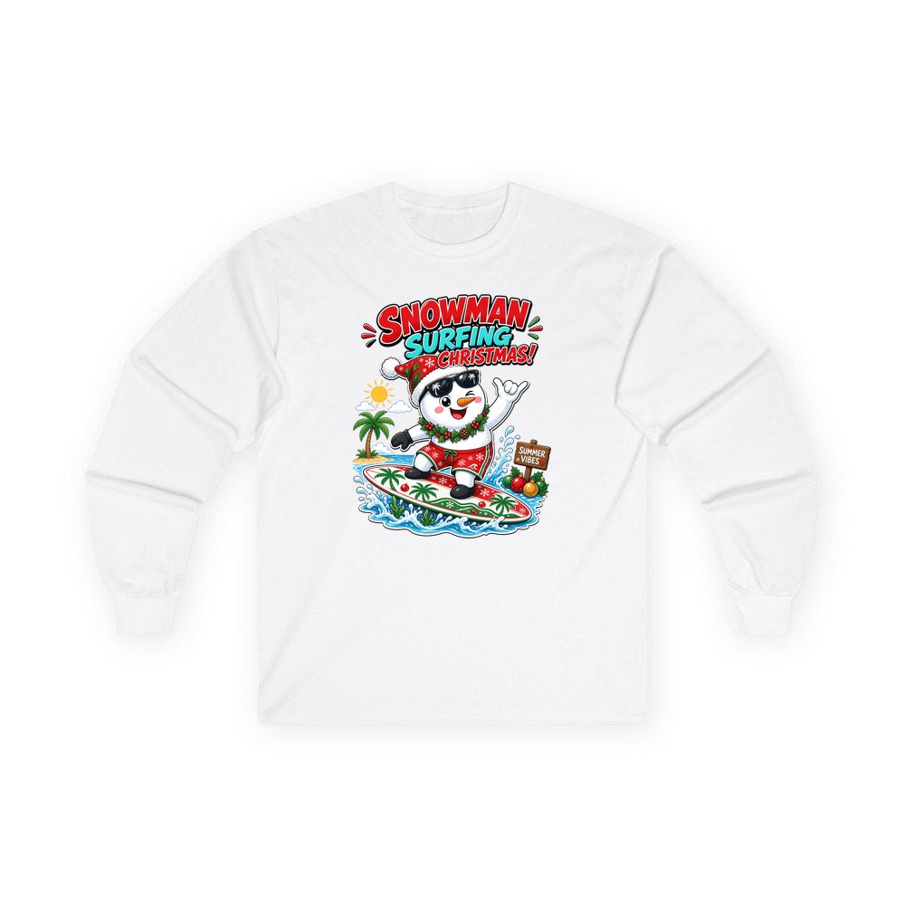 Snowman Surfing Christmas personalised long sleeve Christmas T-shirt in white