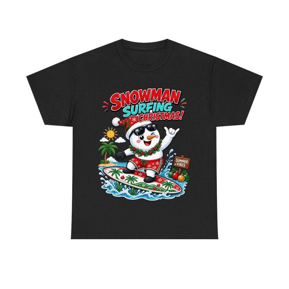 Snowman Surfing Christmas personalised Christmas T-shirt in black