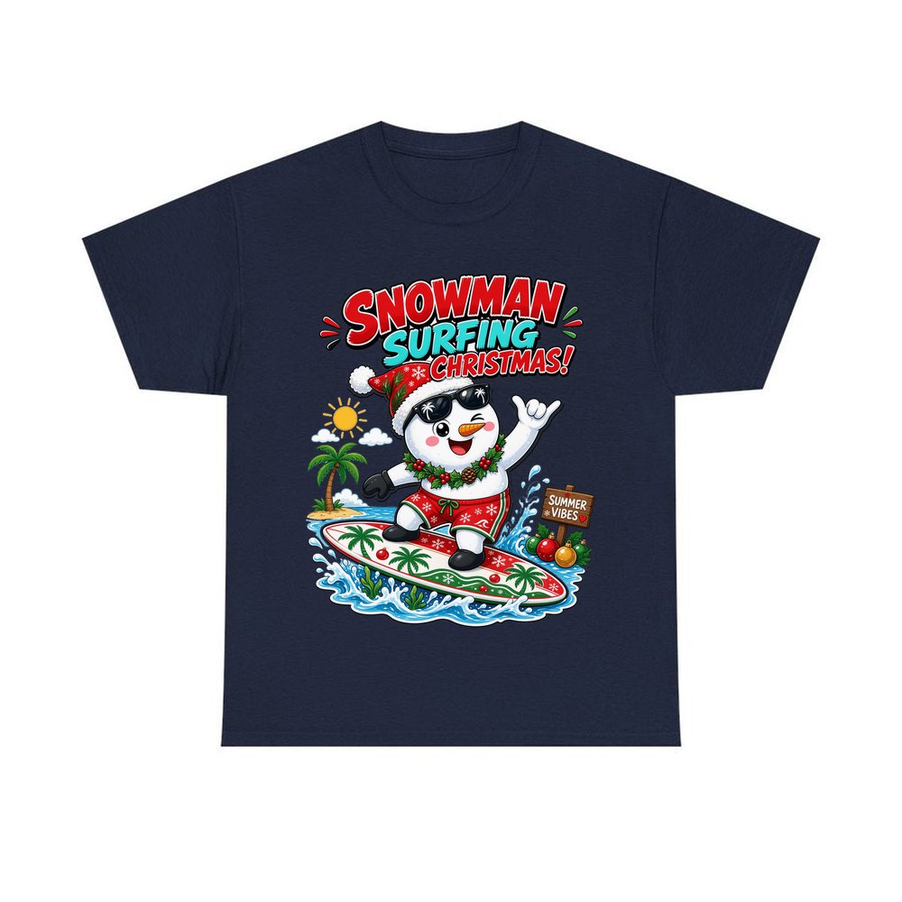 Snowman Surfing Christmas personalised Christmas T-shirt in navy