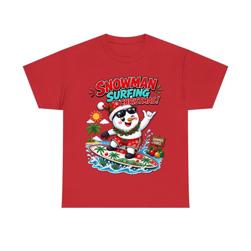 Snowman Surfing Christmas personalised Christmas T-shirt in red