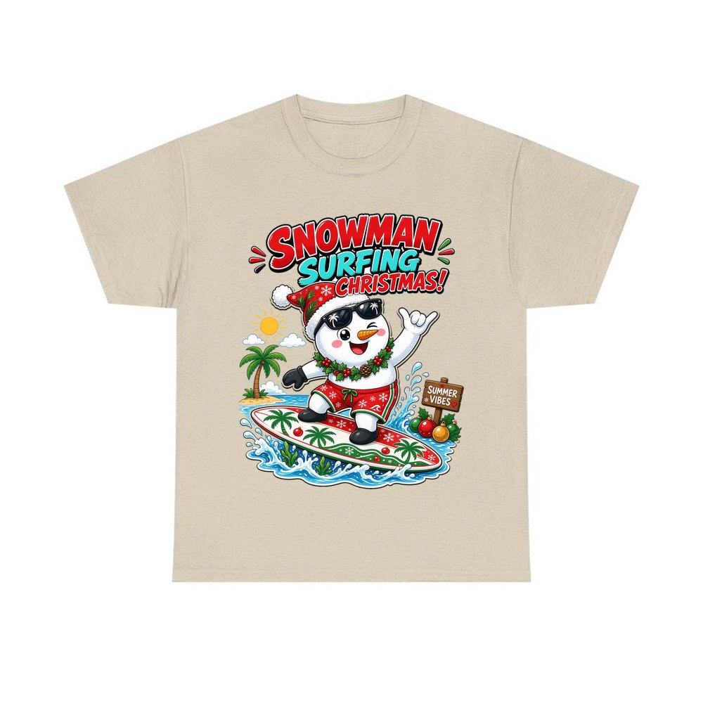 Snowman Surfing Christmas personalised Christmas T-shirt in sand