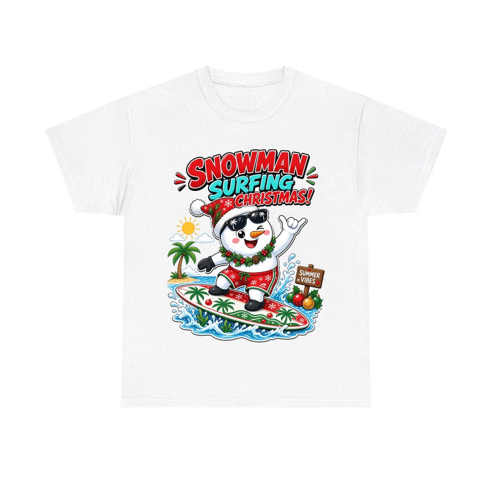 Snowman Surfing Christmas personalised Christmas T-shirt in white